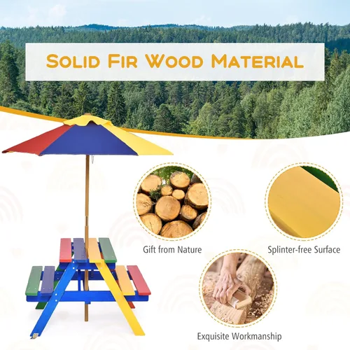 Vista 5 de Costzon Mesa de picnic para niños, mesa y sillas de madera de abeto para exteriores con paraguas extraíble, mesa de picnic para niños pequeños