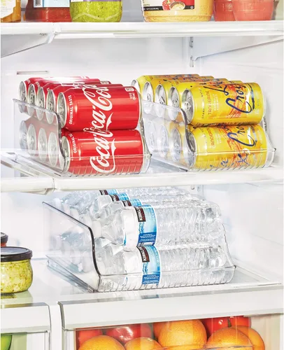 Vista 3 de iDesign Dispensador de latas de soda y organizador de botellas de agua para refrigerador, juego de 3, transparente, fabricado en Estados Unidos