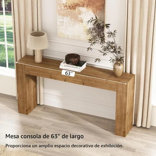 Vista 6 de Mesa consola de madera maciza para entrada, mesa de sofá de granja de 63 pulgadas de largo Marrón Natural Rústico