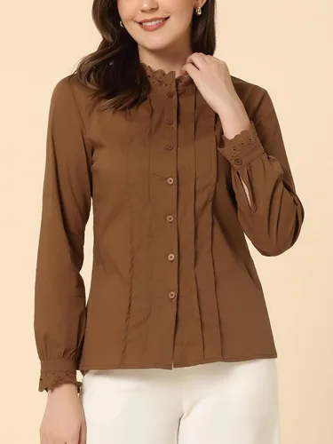 Vista 2 de Allegra K Blusa de cuello alto falso para mujer, con volantes, de algodón, plisada, con botones