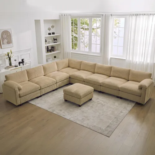 Vista 12 de Sofá modular de 61 pulgadas con otomana, asiento extra profundo para sala de estar, sofá de asiento profundo de pana con almohadas para Beige