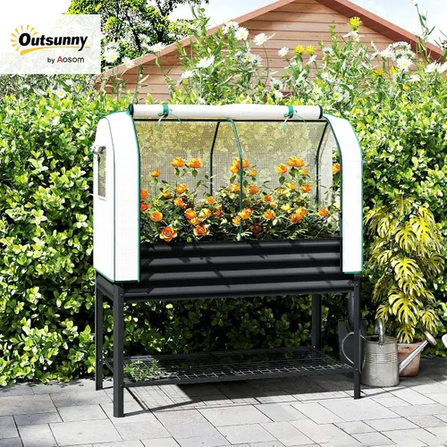 Vista 2 de Outsunny Cama de jardín elevada galvanizada con cubierta de invernadero, cama de jardín elevada de metal con patas, forro de cama y estante