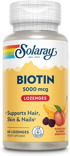 Vista 8 de SOLARAY Pastillas Biotin de 1000 mcg - Suplemento de biotina con vitamina A - Función nerviosa y apoyo de energía celular - Sabor natural de jugo