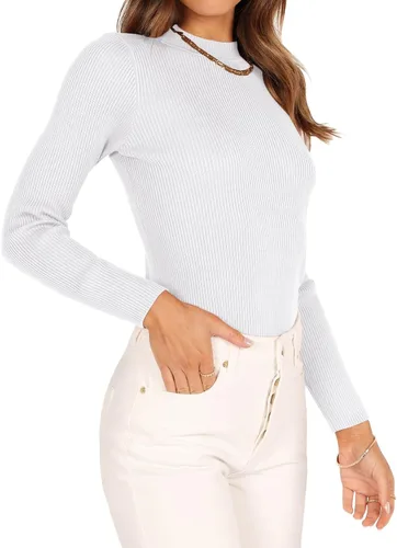 Vista 4 de Nutssfiree Camisetas de manga larga con cuello alto falso para mujer, estilo casual, ajustadas, acanaladas, básicas, camisetas