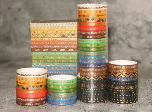 Vista 5 de YUBBAEX Juego de 26 rollos de cinta washi india, 0.197 in de ancho, tótem folclórico dorado fino decorativo para diario, álbum de recortes, agenda