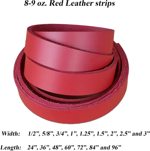 Vista 2 de 2 inch rojo tira de piel 8 – 9 onzas (3.2 – 3.6 MM) – Latigo tiras de piel hasta 96 inch de largo fabricado en Estados Unidos por pitka piel