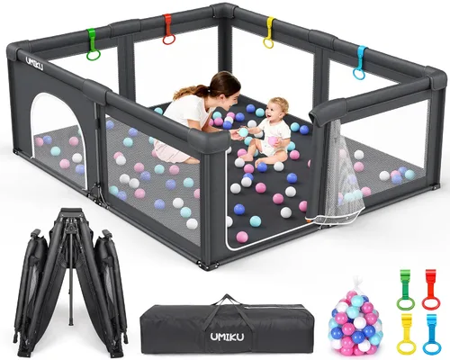 Vista 11 de Corralito plegable para bebés y niños pequeños, corralitos grandes portátiles con 2 puertas, patio de juegos para niños, valla para interiores