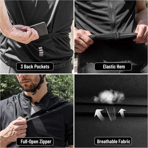 Vista 4 de Przewalski Camiseta de ciclismo para hombre, con cremallera completa, con 3 Negro