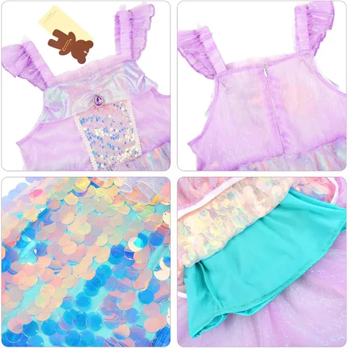 Vista 4 de knemmy Vestido de sirena para niñas pequeñas, disfraz de princesa Ariel, disfraz de Halloween, cosplay, fiesta de cumpleaños, vestido de lentejuelas