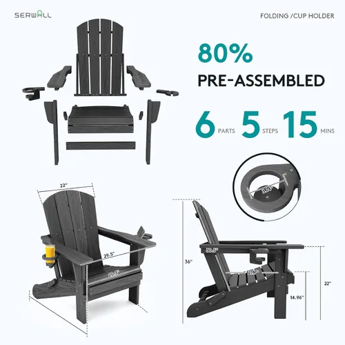 Vista 7 de SERWALL Silla Adirondack plegable, Silla Adirondack HDPE con textura de madera - gris