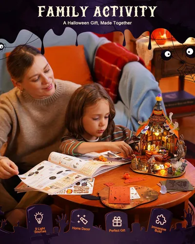 Vista 5 de Rolife Kit de casa de dulces embrujada de Halloween DIY con 9 luces LED, kits de construcción de modelos de casa pequeña para principiantes