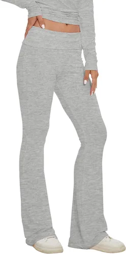 Vista 4 de Soamat Pantalones de yoga plegables para mujer, corte de bota, acampanados, pantalones de tiro bajo, pantalones de descanso