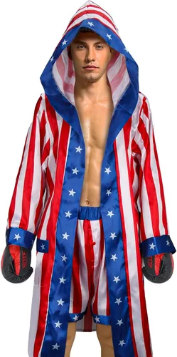 Vista 8 de NIHONCOS Disfraz de boxeo para hombre, bata de satén con bandera estadounidense con capucha, pantalones cortos, cinturón, capa de Halloween, disfraz