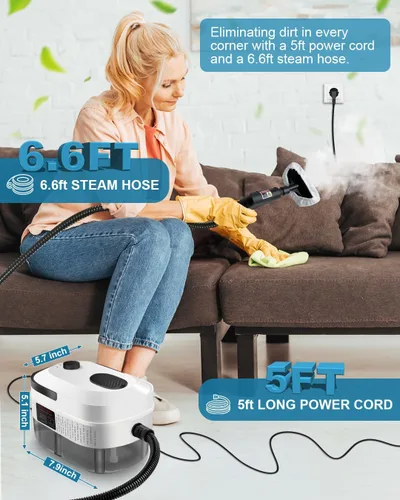 Vista 4 de Limpiador de vapor de mano, 2500 W, potente vaporizador multiusos de calentamiento de 15 segundos, temperatura de 3 niveles, vaporizador de limpieza