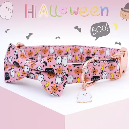 Vista 2 de Collar de perro con moño de Halloween de Faygarsle para otoño, collar elegante y bonito para perros pequeños, medianos y grandes, collar de algodón