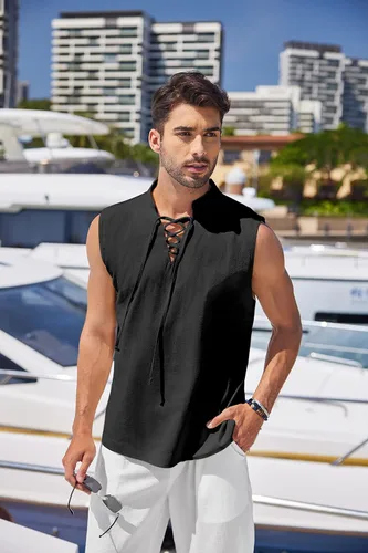 Vista 3 de COOFANDY Camisetas sin mangas de algodón y lino para hombre, estilo casual, estilo Henley, color negro