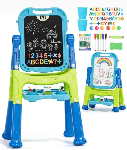 Vista 11 de Lehoo Castle Caballete para niños, caballete de arte para niños 4 en 1 de doble cara con pizarra blanca magnética y pizarra de tiza, caballete