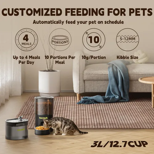 Vista 2 de Alimentador y fuente automática para gatos, dispensador de alimentos secos con temporizador de 3 litros, 10 porciones 1-4 comidas diarias