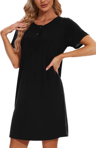 Vista 5 de HONG HUI Camisón de manga corta para mujer, ropa de dormir con estampado, ropa de dormir suelta, ropa de dormir
