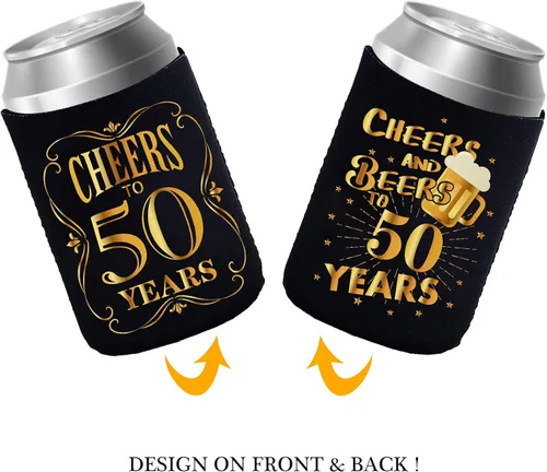 Vista 4 de JOELELI Decoraciones para fiestas de cumpleaños número 50, fundas de neopreno para latas de cerveza, decoraciones de 50 aniversario y regalo