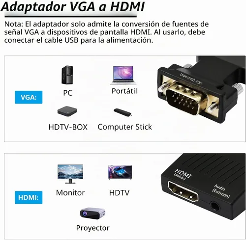 Vista 5 de YACSEJAO Adaptador VGA a HDMI 1080P VGA macho a HDMI hembra convertidor (Cable)