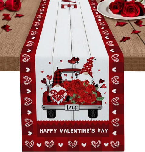 Vista 10 de Camino de mesa para decoración del día de San Valentín, diseño de gnomo, corazón, rojo, a cuadros, búfalo, algodón, lino, decoración de mesa