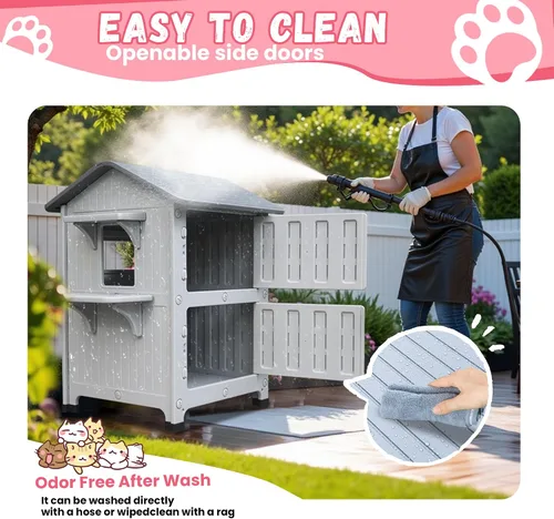 Vista 6 de Casa de plástico para gatos al aire libre – Casa para gatos para exteriores con forro aislante para invierno, 100% resistente a la intemperie