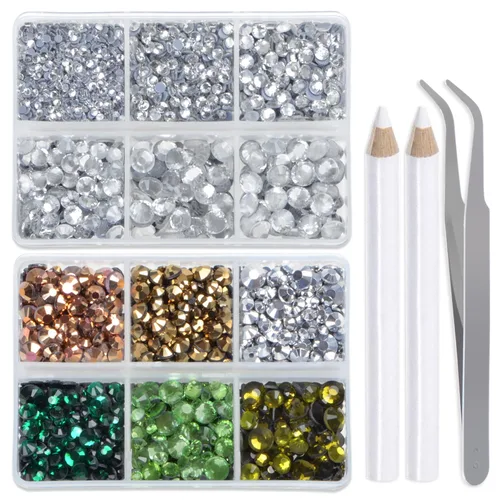 Vista 14 de LPBeads 6400 unidades de diamantes termoadhesivos de 12 colores con parte trasera plana, 5 tamaños mixtos, gemas de cristal redondas con pinzas