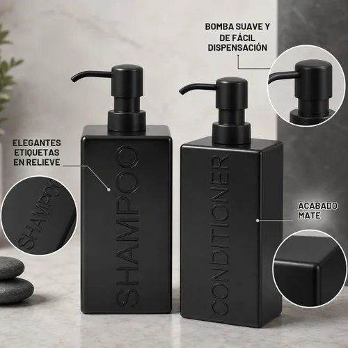 Vista 7 de Dispensador rectangular de resina para baño, champú y acondicionador de baño, botella de lavado corporal, diseño moderno de bomba recargable Negro