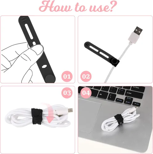 Vista 5 de Molain Sujetacables reutilizables, 20 correas de cable multifuncionales de silicona ajustables, organizador de cables para cables de carga