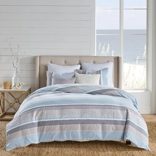 Vista 4 de Levtex Home - Juego de funda de edredón Santander - Funda de edredón matrimonial/Queen + dos fundas de almohada estándar - Gris, cambray, azul blanco