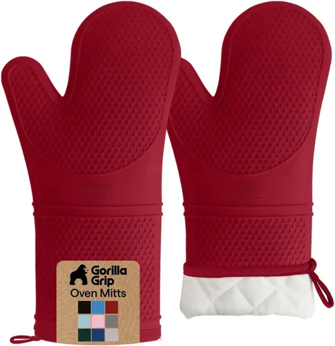 Vista 30 de GORILLA GRIP - Juego de guantes de horno de silicona suave sin BPA, guantes de cocina resistentes al calor e impermeables, forro de algodón grueso