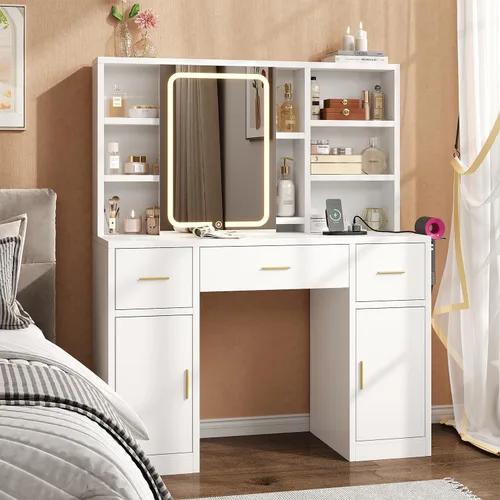 Vista 10 de knoworld - Escritorio de tocador con espejo deslizante y luces LED, mesa de maquillaje inteligente con estación de carga, soporte para secador