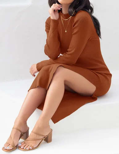 Vista 8 de ZESICA Vestido de punto acanalado 2024 para mujer, manga larga, cuello alto, ajustado, abertura lateral, elegante vestido tipo suéter para otoño