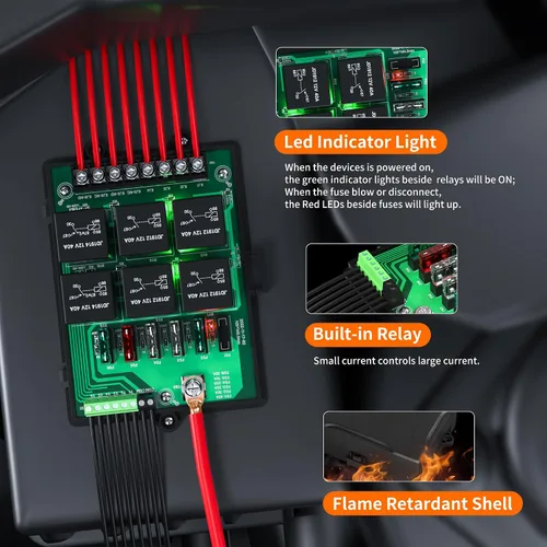 Vista 4 de Joinfworld Caja de relés de fusibles, panel de fusibles universal automotriz de 12 V, con relés de 6 vías y 14 fusibles de cuchilla ATC/ATO, caja