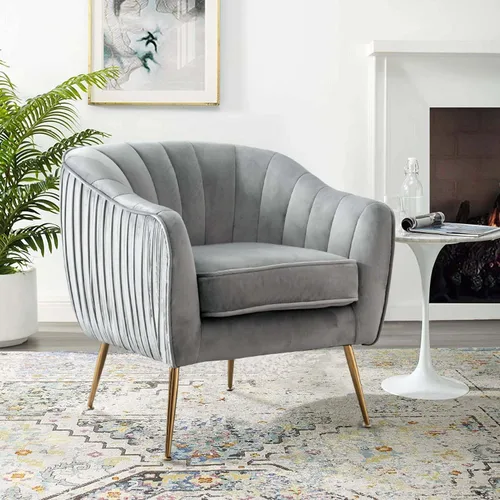 Vista 9 de Silla decorativa de terciopelo, moderna silla con brazo de barril con patas de metal con acabado dorado para sala de estar y dormitorio, color verde