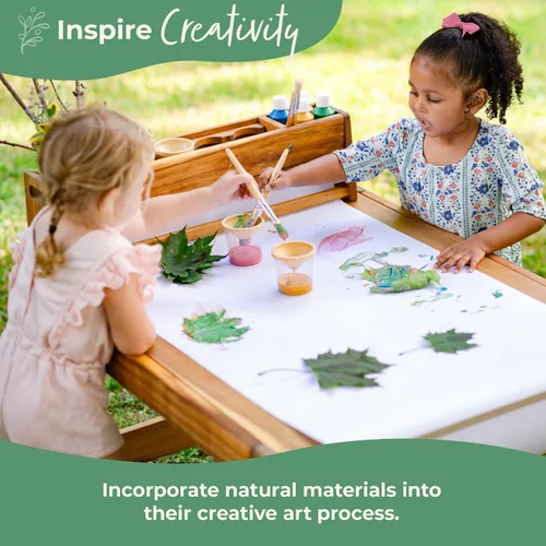 Vista 5 de Guidecraft Juego de mesa y taburete de arte para exteriores Acadia: mesa de madera de acacia para niños con 2 sillas, rollo de papel