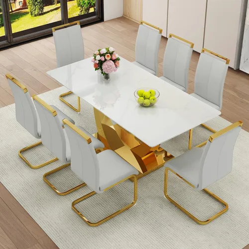 Vista 17 de Juego de Mesa de Comedor Negra para 6, Mesa de Comedor de Mármol Falso de 71" para 6, Juego de Mesa de Cocina Rectangular con Sillas de Cuero PU