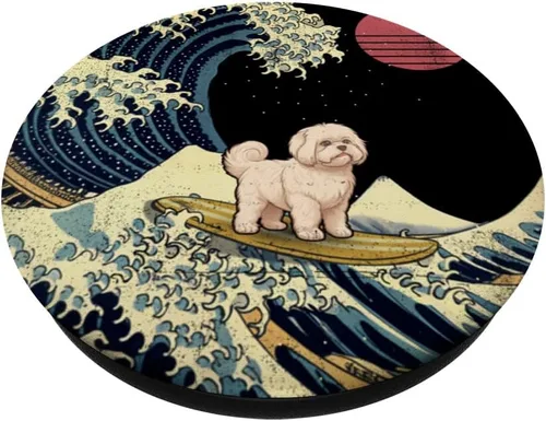 Vista 2 de Maltese Japanese Kanagawa Wave Funny Surf Dog PopSockets Swappable PopGrip