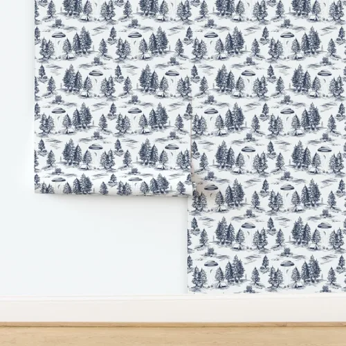 Vista 4 de Despegar y pegar papel pintado Swatch - UFO Toile Alien pequeña escala azul blanco espacio caprichoso papel pintado personalizado extraíble por