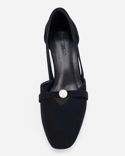 Vista 5 de Coutgo Zapatos de tacón bajo para mujer, zapatos de vestir, sandalias recortadas, punta cuadrada, perlas, joyería para fiesta, boda