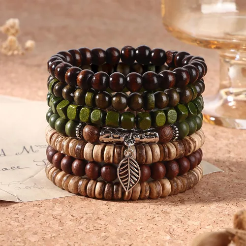 Vista 3 de Paquete de 43 piezas de pulseras de cuentas de madera para hombres, pulseras a granel, pulseras punk vintage ajustables góticas, set de pulseras
