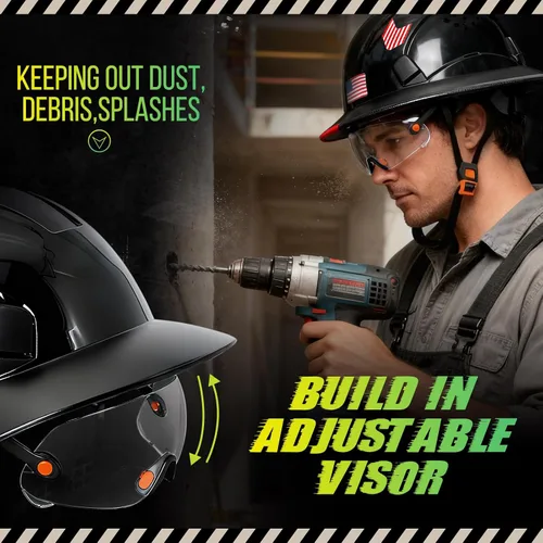 Vista 3 de Cascos de Construcción de ala completa aprobados por la OSHA con visera transparente - Casco de seguridad ANSI Z89.1 ventilado negro con correa