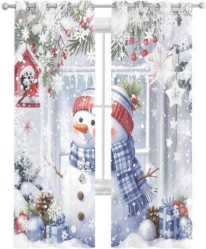 Vista 2 de Cortinas traslúcidas de invierno con diseño de muñeco de nieve de 63 pulgadas de largo, juego de 2 paneles de cortinas para cocina, dormitorio, sala