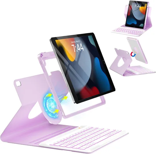 Vista 29 de OYEEICE Funda de teclado para iPad 6ª/5ª generación de 9.7 pulgadas, teclado inalámbrico desmontable retroiluminado de 7 colores, cubierta magnética