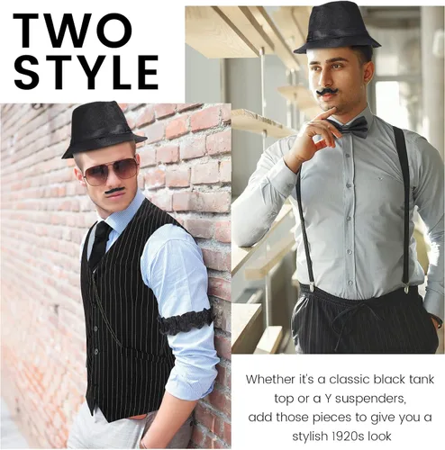 Vista 4 de Disfraz de los años 20 para hombre atuendo con accesorios chaleco de gángster de Gatsby sombrero de fieltro reloj de bolsillo vintage tirantes