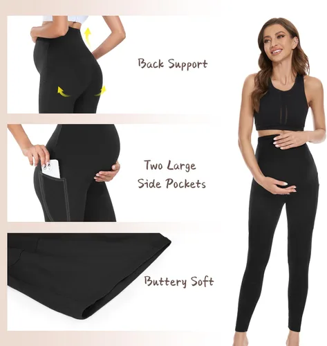 Vista 5 de FULLSOFT Paquete de 3 leggings de maternidad para mujer, cintura alta, entrenamiento, embarazo, pantalones de yoga con bolsillos