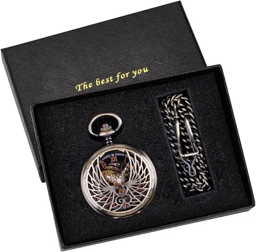 Vista 2 de Bronze Men's Antique Mechanical Pocket Watch, Skeleton Mechanical Roman Numerals Pocket Watch with Chain + Box
