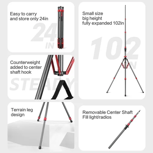 Vista 8 de FreeSea Soporte de Luz de Fibra de Carbono, Trípode Ajustable para Fotografía, 260cm/102inch Estudio Trípode Resistente para Speedlite Flash Softbox