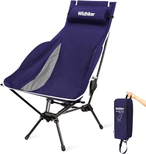 Vista 8 de Wildhiker Sillas de camping plegables y compactas portátiles, respaldo alto ligero con almohada, reclinación profunda, almohadillas, bolsillos Negro